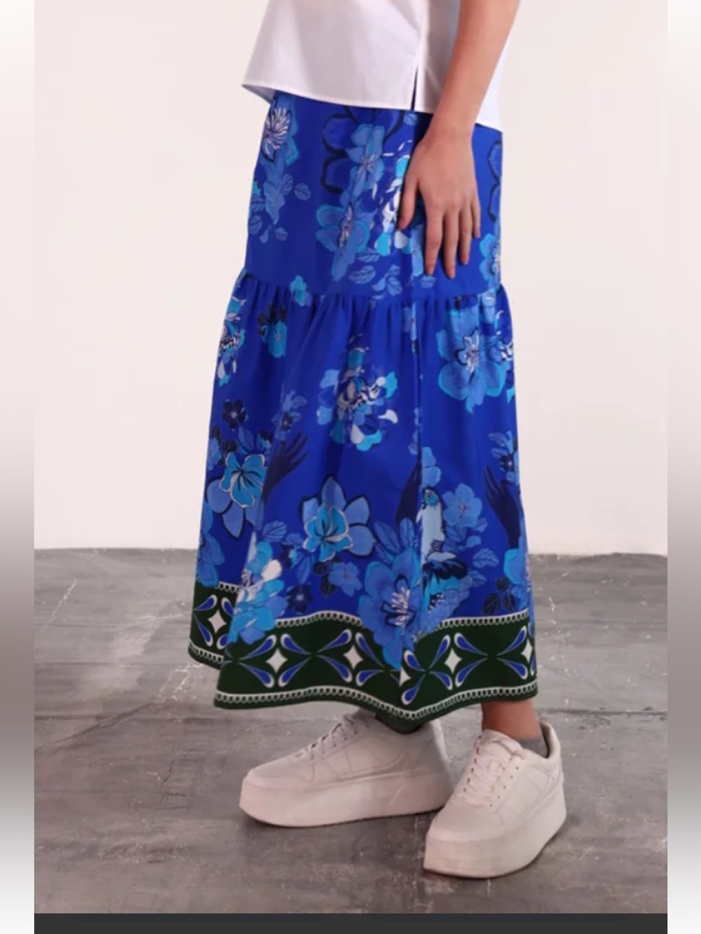 Blue Floral Tiered Maxi Skirt with Green Hem